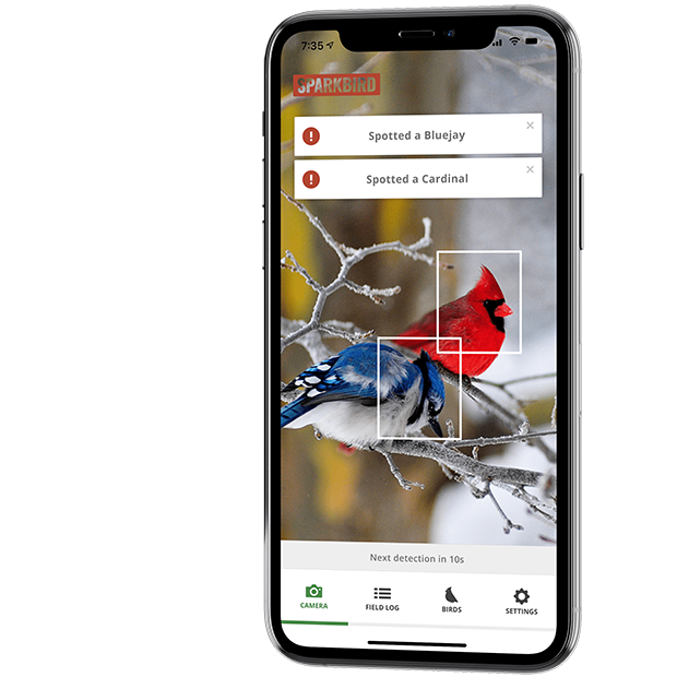 iPhone with Sparkbird bird watching app displayed on the screen.